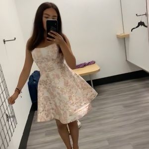 Macys white, gold and pink floral dress with Laced up back.